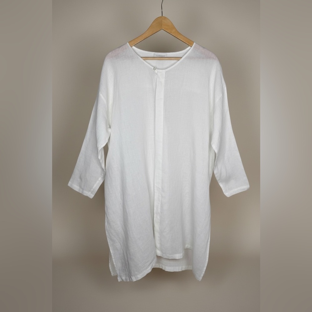 Eskandar White Linen Minimalist Button-Front Tunic Top S/M Lagenlook